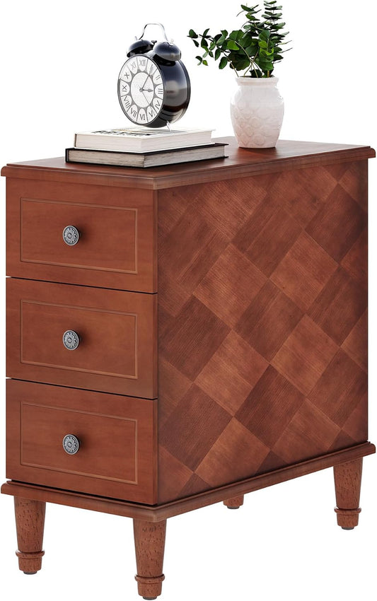 Fully Assembled End Table, Narrow Side Table with 3 Drawers, Pre-Assembled Nightstand Slim Bedside Table for Small Spaces, Living Room, Bedroom, Brown