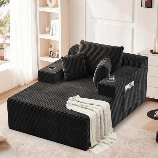 67 Inches Chaise Lounge Chair Indoor, Oversized Boneless Couch with 3 Throw Pillows and Armrests, Corduroy Upholstered Plush Sofa Bed with Storage, Lazy Chair Bed Sleeper for Living Room, Black