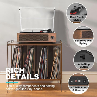 Vintage Record Players for Vinyl with Speakers Belt-Driven Retro Turntable LP Player Support 3-Speed, Bluetooth Playback, Aux-In, Headphone, RCA All-In-One Auto Stop Phonograph Wooden Brown