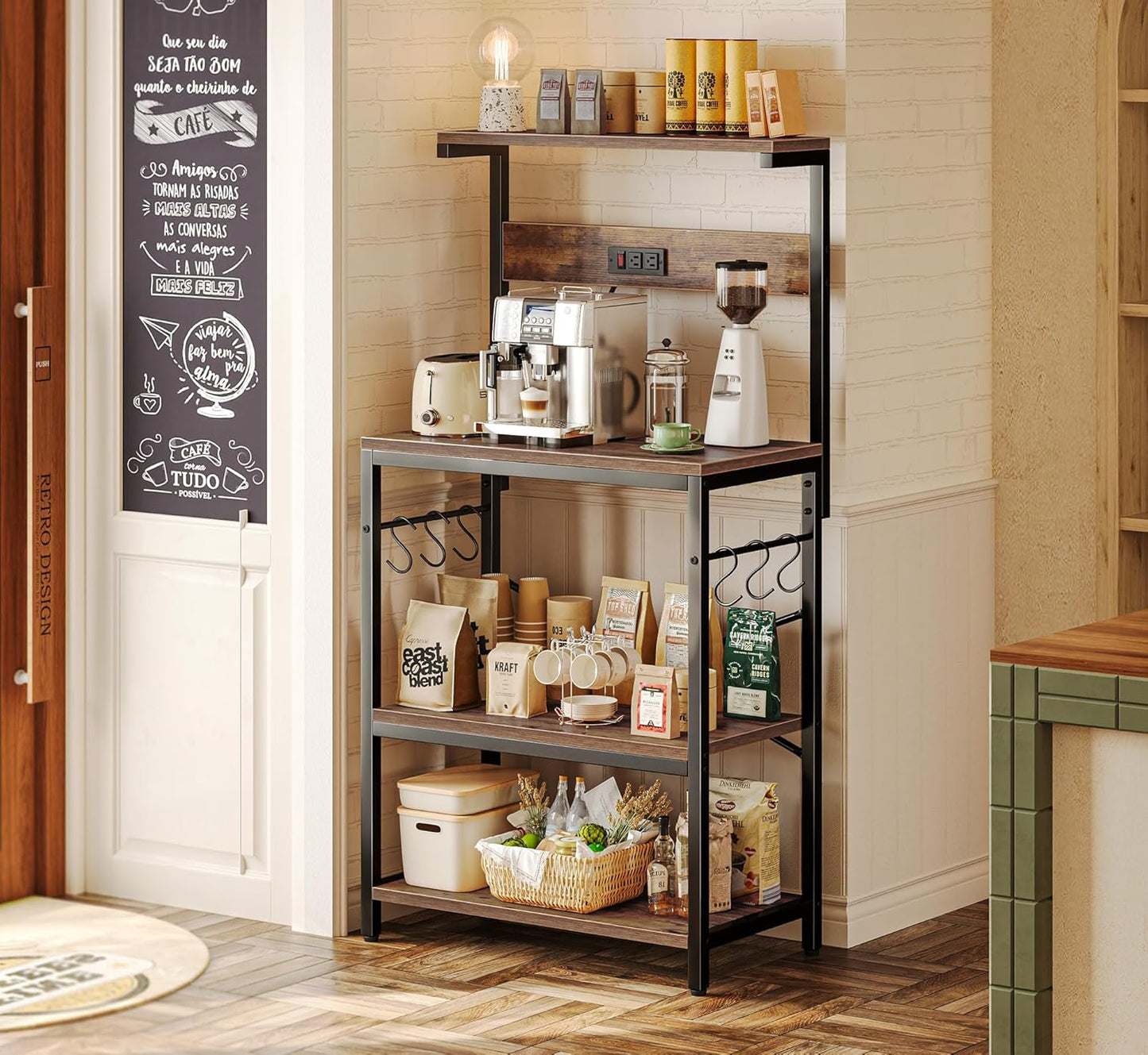 Kitchen Bakers Rack with Power Outlet, Coffee Bar Table 4 Tiers, Kitchen Microwave Stand with 6 S-Shaped Hooks, Storage Shelf Rack for Spices, Pots and Pans - Rustic Brown