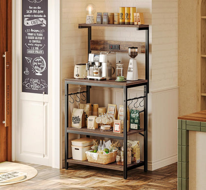 Kitchen Bakers Rack with Power Outlet, Coffee Bar Table 4 Tiers, Kitchen Microwave Stand with 6 S-Shaped Hooks, Storage Shelf Rack for Spices, Pots and Pans - Rustic Brown