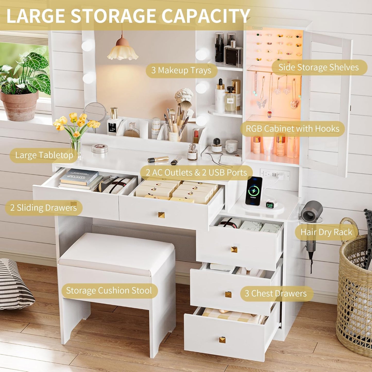 Vanity Desk with Mirror and Lights, Makeup Vanity Table Set with 5 Storage Drawers, Power Outlet & Chair, Small Dressing Table with RGB Ambient Light, Adjustable Brightness for Girls Bedroom, White