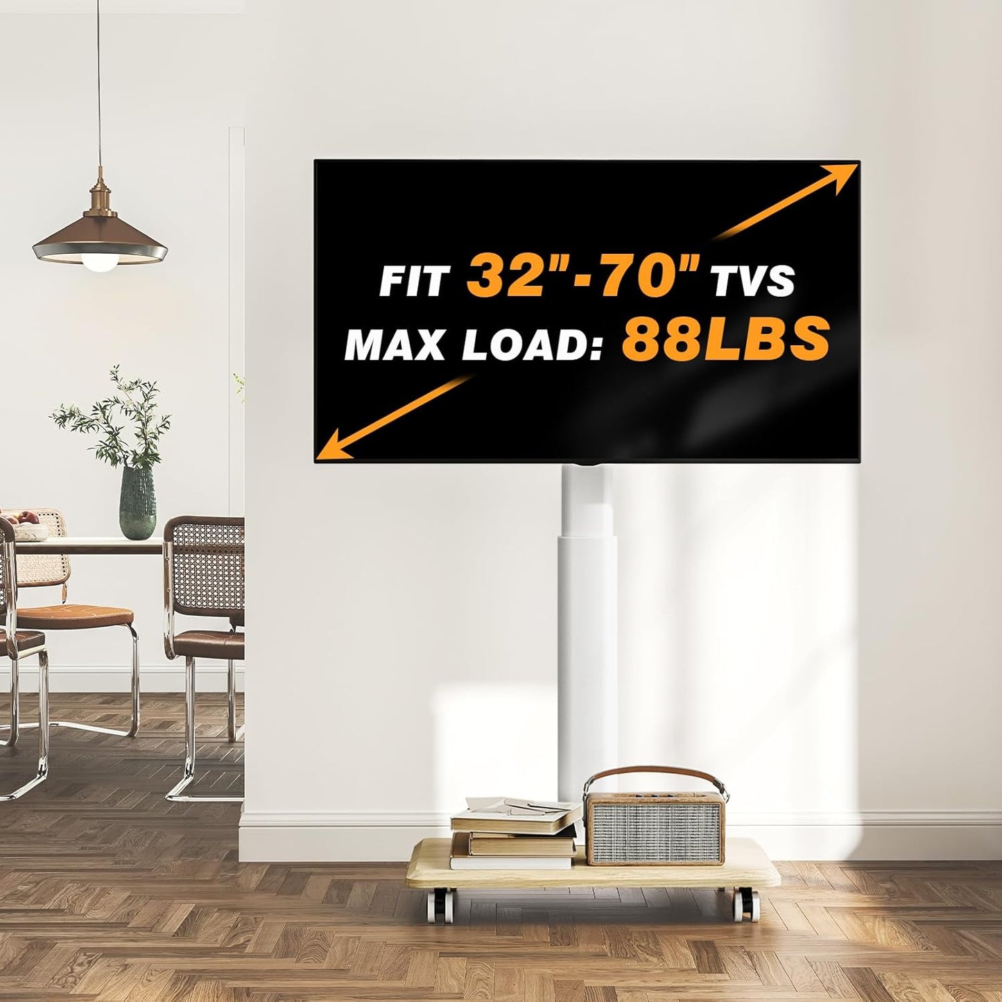 Rolling TV Stand for 32 to 65 70 Inch Tvs, Elegant Floor TV Stand with Wheels, Mobile TV Cart with 9 Levels of Height Adjustment for Optimal Viewing, White Floor Stand for Living Room