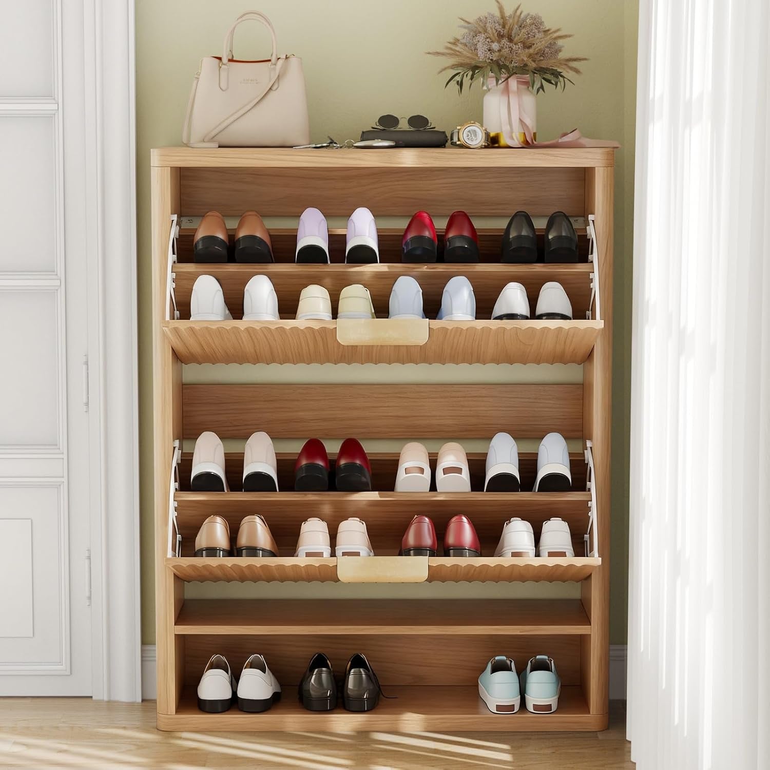 Fluted Shoe Cabinet Storage with 2 Flip Drawers, Narrow Shoe Storage Organizer for Entryway, Hidden Slim Wooden Shoe Rack Cabinet for Front Door Entrance, Hallway, Living Room (2-Drawer, Oak)