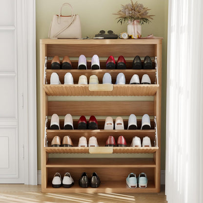 Fluted Shoe Cabinet Storage with 2 Flip Drawers, Narrow Shoe Storage Organizer for Entryway, Hidden Slim Wooden Shoe Rack Cabinet for Front Door Entrance, Hallway, Living Room (2-Drawer, Oak)