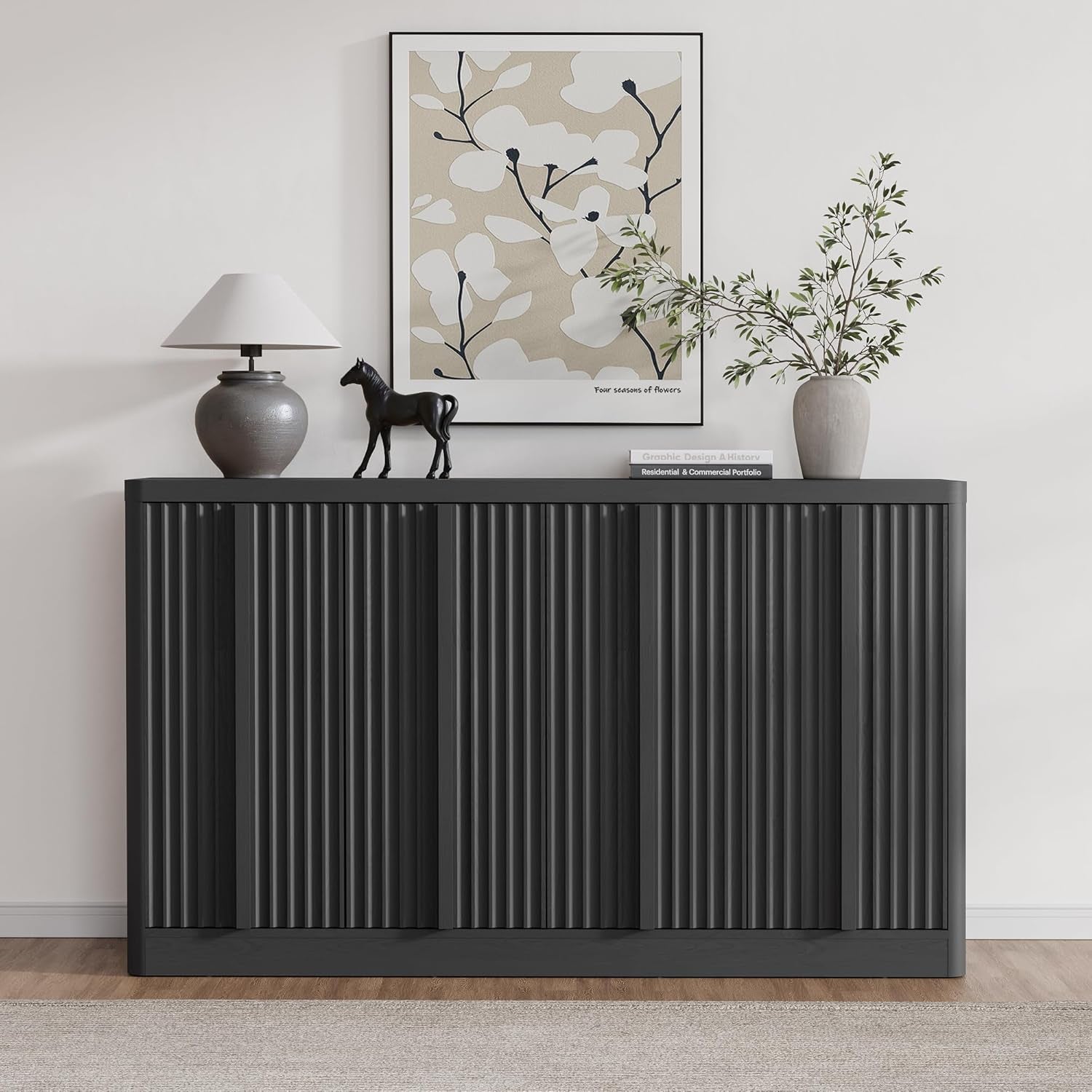 Fluted Buffet Cabinet with Storage, 60" Sideboard Buffet Storage Cabinet with 4 Doors & Adjustable Shelves, Wood Coffee Bar Credenza Accent Cabinet for Kitchen, Living Room, Black(1Pcs)