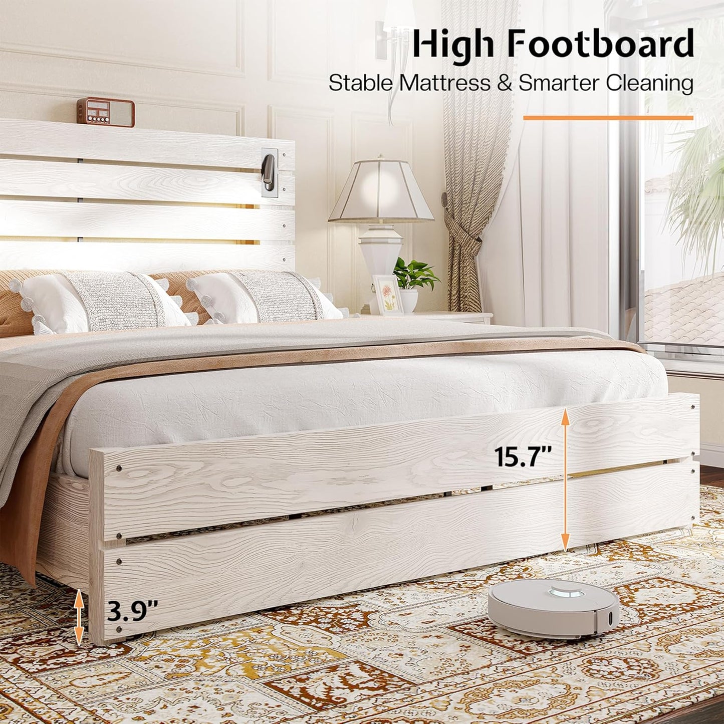 King Size Farmhouse Bed Frame with 51" Headboard, LED Lights, Rustic Wood Look, No Box Spring Needed, Ash White