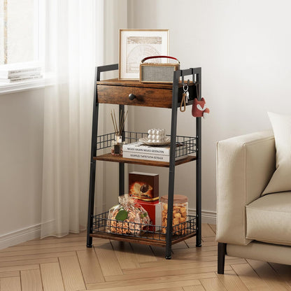 3-Tier Ladder Shelf with Drawer, Bathroom Table Stand for Small Space, Bathroom Standing Shelves with Storage for Living Room Bedroom Kitchen, Organizer Shelf, Rustic Brown