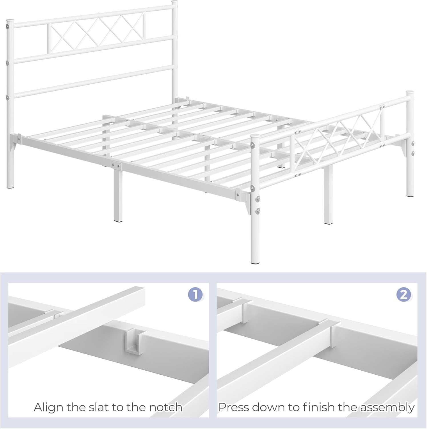 Full Size Metal Platform Bed Frame with Simple Headboard and Footboard, Mattress Foundation for under Bed Storage, Steel Slat Support, No Box Spring Needed, Easy Assembly, White