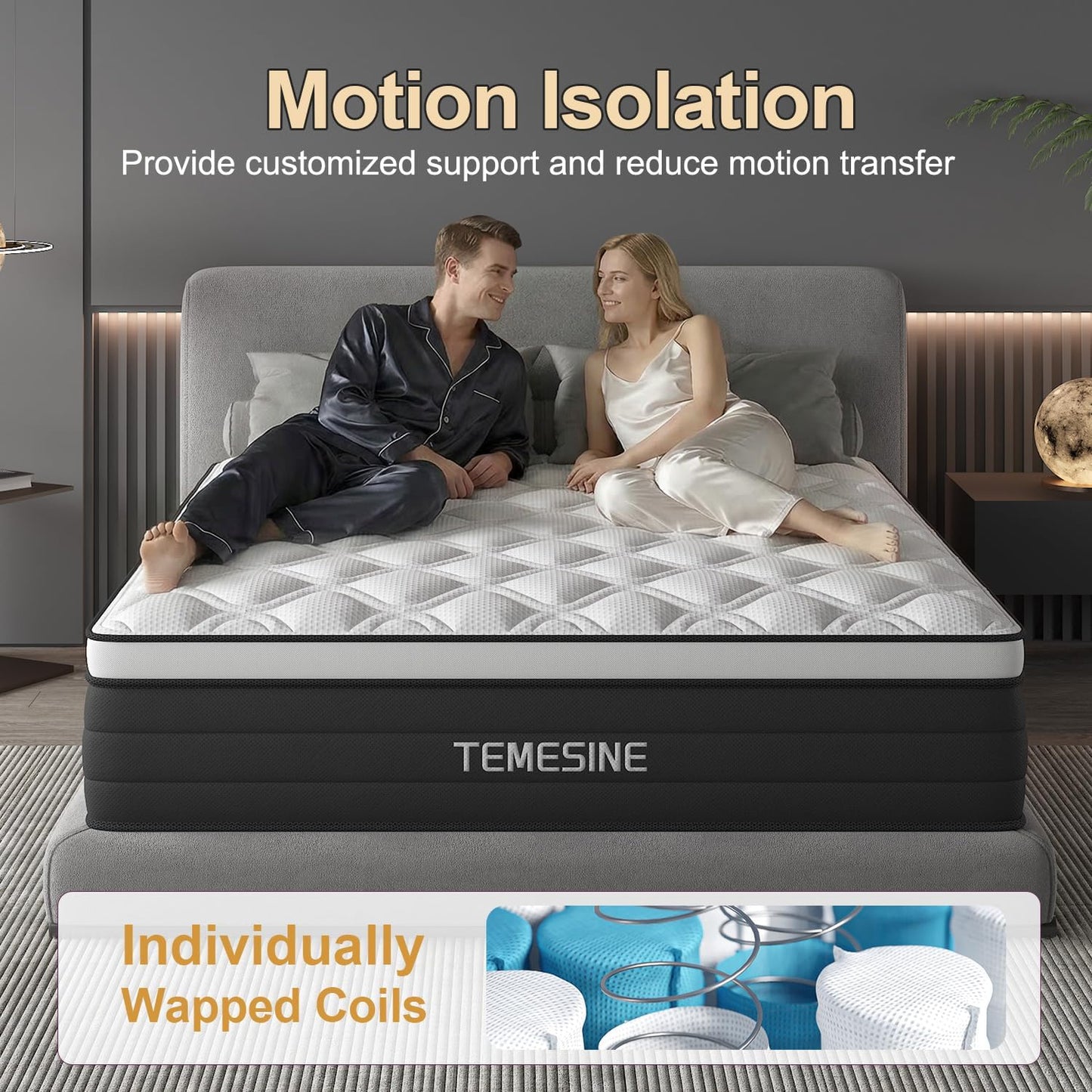 King Size Mattress, 14 Inch Hybrid Mattress in a Box with Individual Pocket Spring, Gel Memory Foam and Euro Top, Medium Firm Feel with Motion Isolation, Pressure Relief, Edge Support,Black
