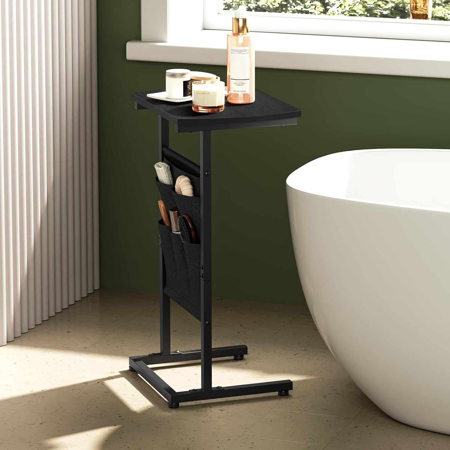 C Shaped End Table, 28.3" Side Table for Small Spaces, Couch Table with Storage Bag, Slide under Sofa Side Table, for Living Room, Bedroom, Black BB40SF01
