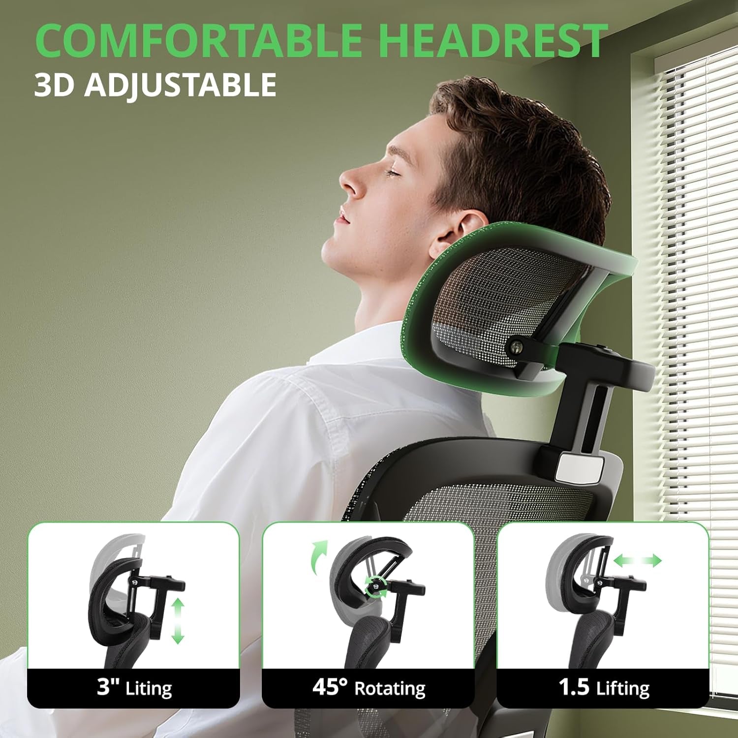 Ergonomic Office Chair with Footrest, Mesh Desk Chair with 135° Recline, Adjustable Lumbar Support, 3D Armrests and Headrest, Swivel Computer Chair for Home Office