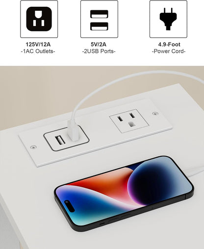 Small End Table with Charging Station, Narrow Side Table with USB Ports and Outlets, Skinny Sofa Table, Slim Nightstand, Living Room, Bed Room, White TB01BW060