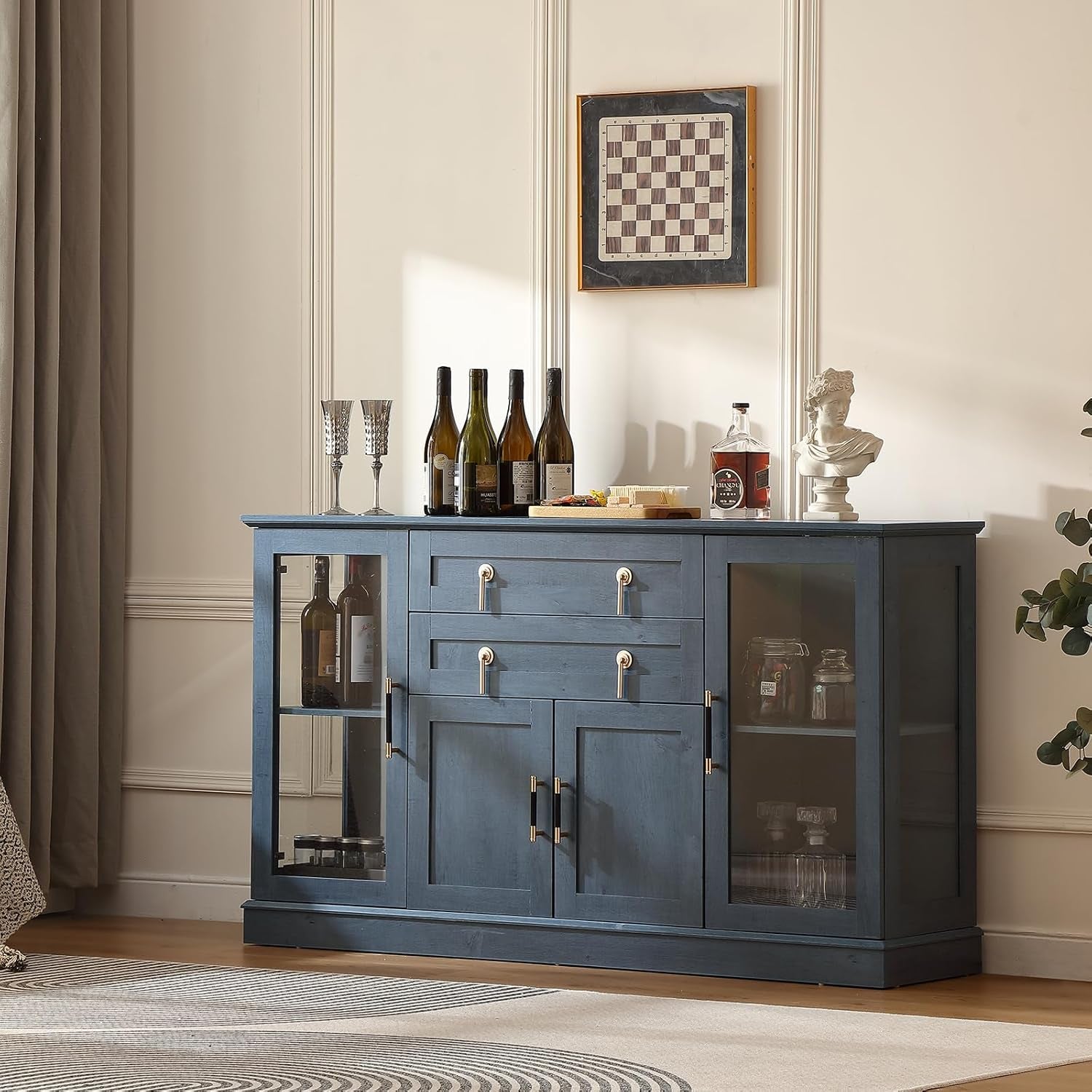 58.2'' Modern Sideboard Buffet Cabinet with Storage, Accent Coffee Bar Cabinet with 2 Glass Doors,Sideboard Credenza with Golden Handles and Adjustable Shelves,Blue