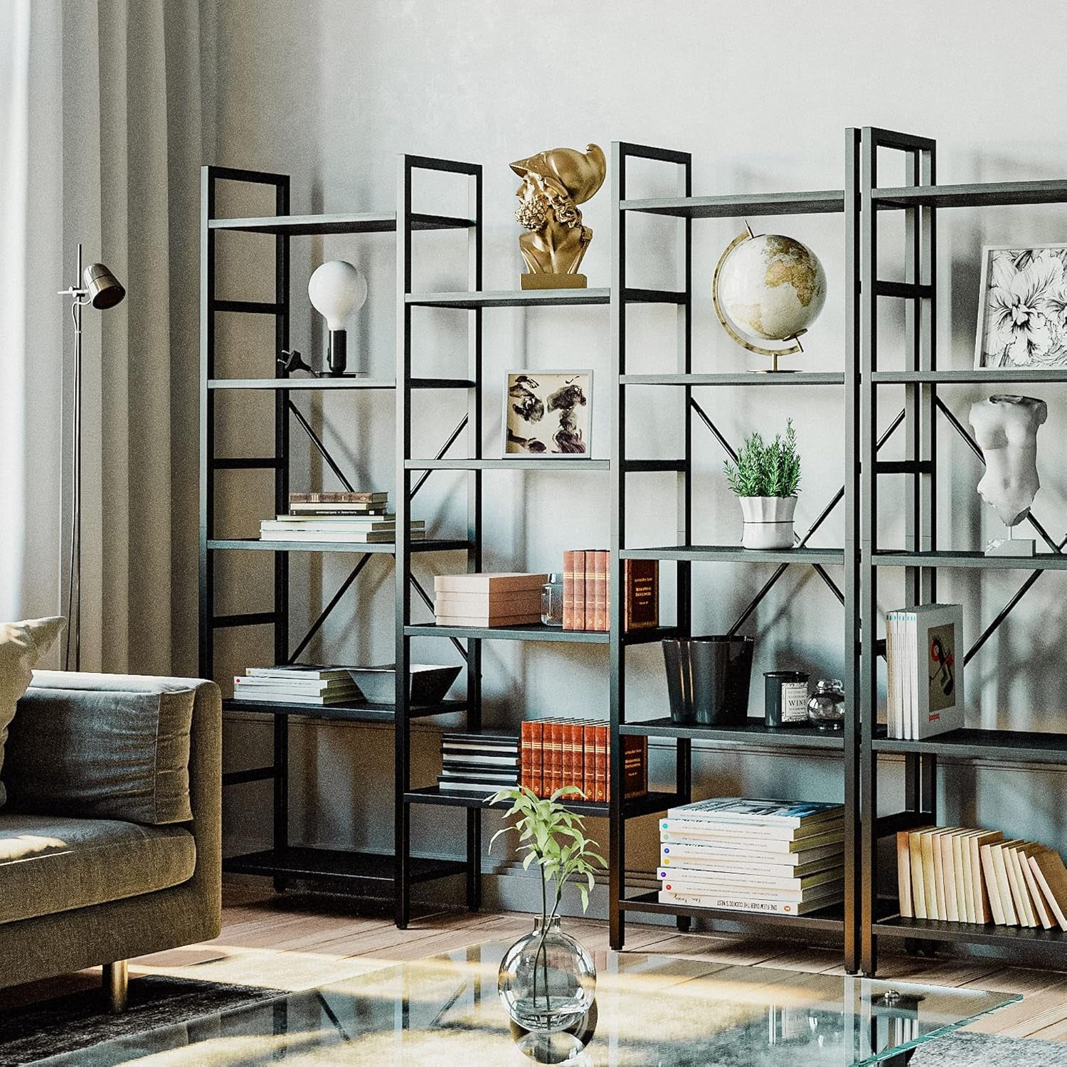 Bookcases and Bookshelves Triple Wide 5 Tiers Industrial Bookshelf, Large Etagere Bookshelf Open Display Shelves with Metal Frame for Living Room Bedroom Home Office