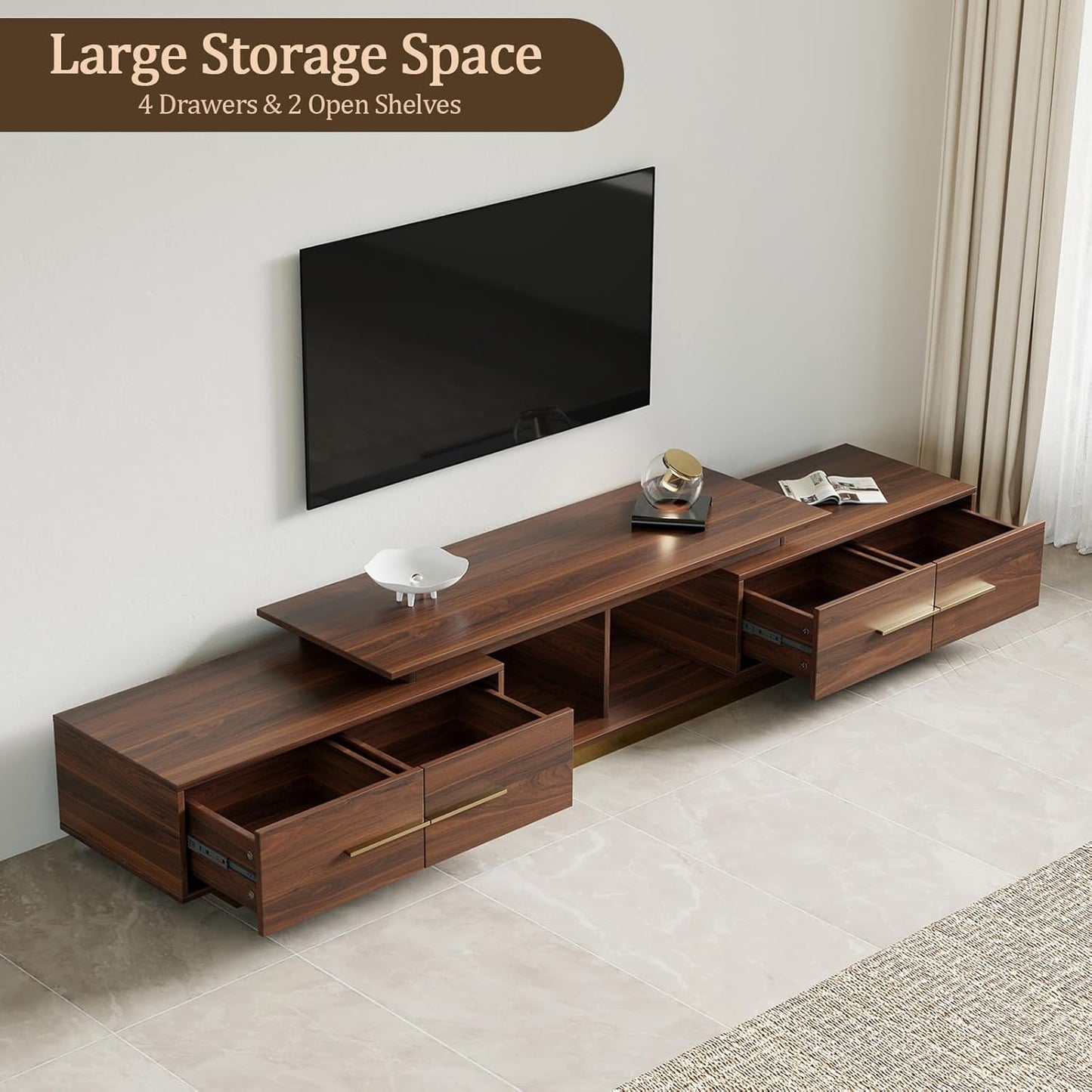 Extendable TV Stand, Modern TV Console for up to 100 Inch TV, Adjustable Length Entertainment Center, Mid-Century Media Console Cabinet for Living Room, Walnut (Extendable: 63.4”W-94.5”W)