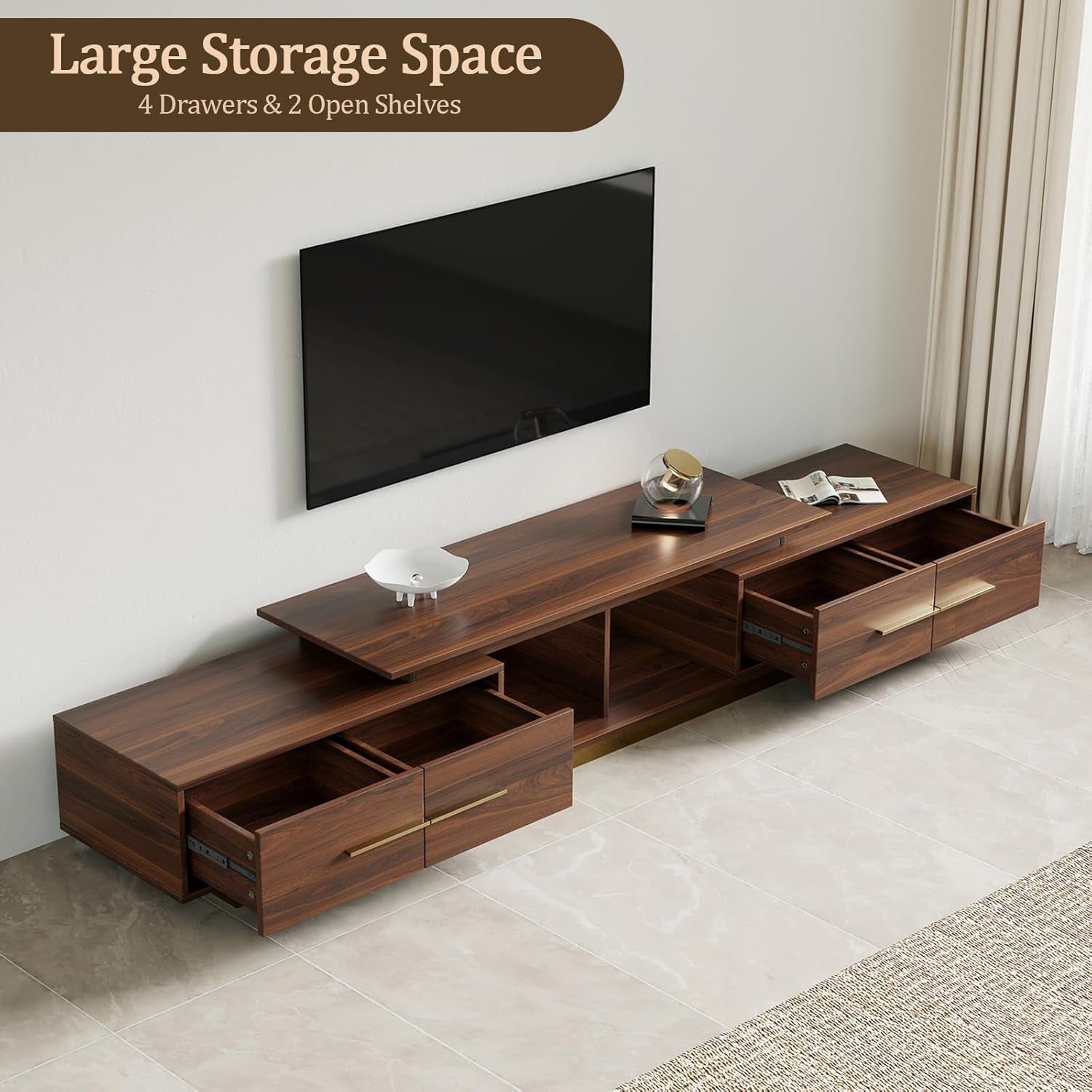 Extendable TV Stand, Modern TV Console for up to 100 Inch TV, Adjustable Length Entertainment Center, Mid-Century Media Console Cabinet for Living Room, Walnut (Extendable: 63.4”W-94.5”W)