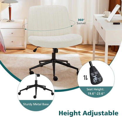 Criss Cross Chair with Wheels Wide Cross Legged Office Desk Vanity Chair Comfy Fabric Armless Adjustable Swivel for Home Computer Task Fabric Beige
