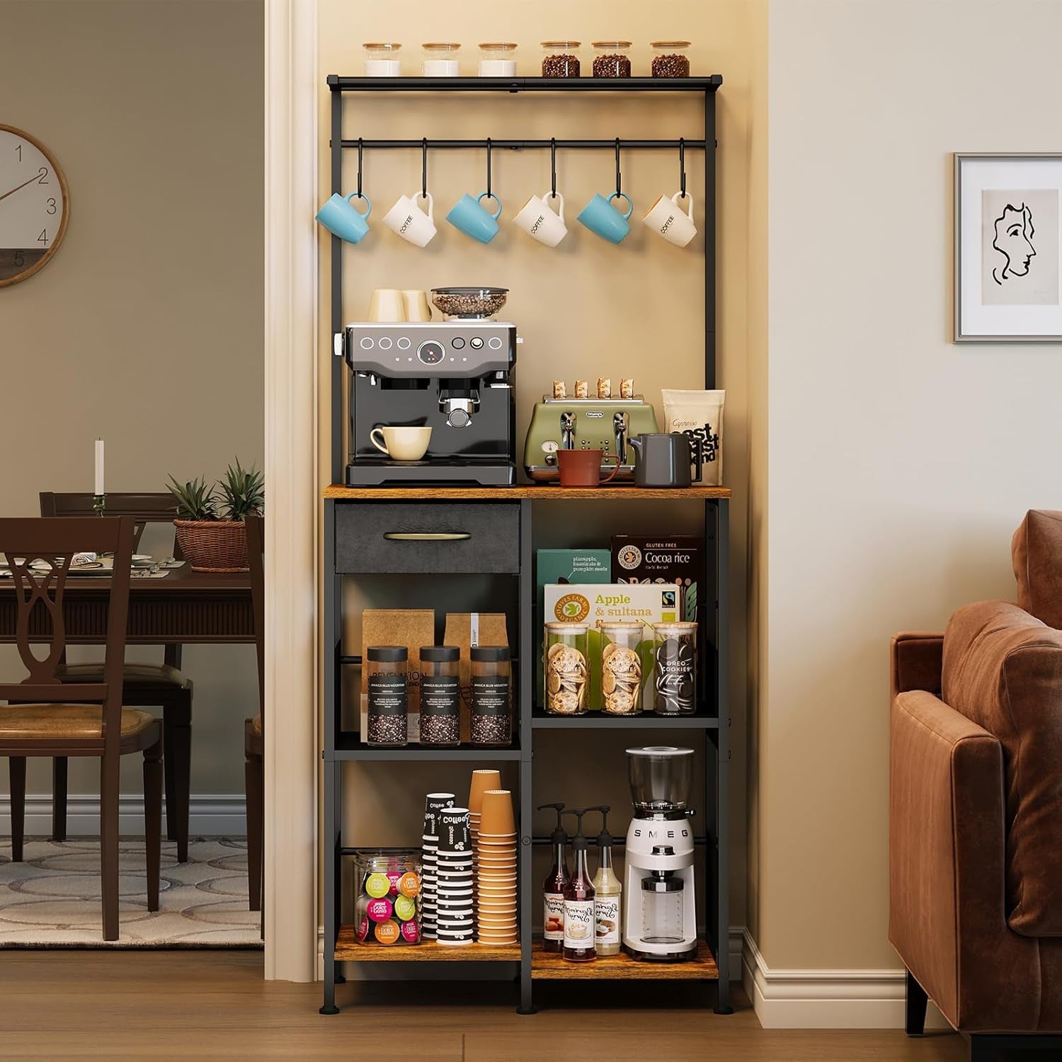 Coffee Bar Stand Station with Storage Drawer, Extended Worktop Coffee Table, Farmhouse Corner Bar Cabinet for Small Spaces, Barkers Rack & Home Bar for Entryway, Living Room
