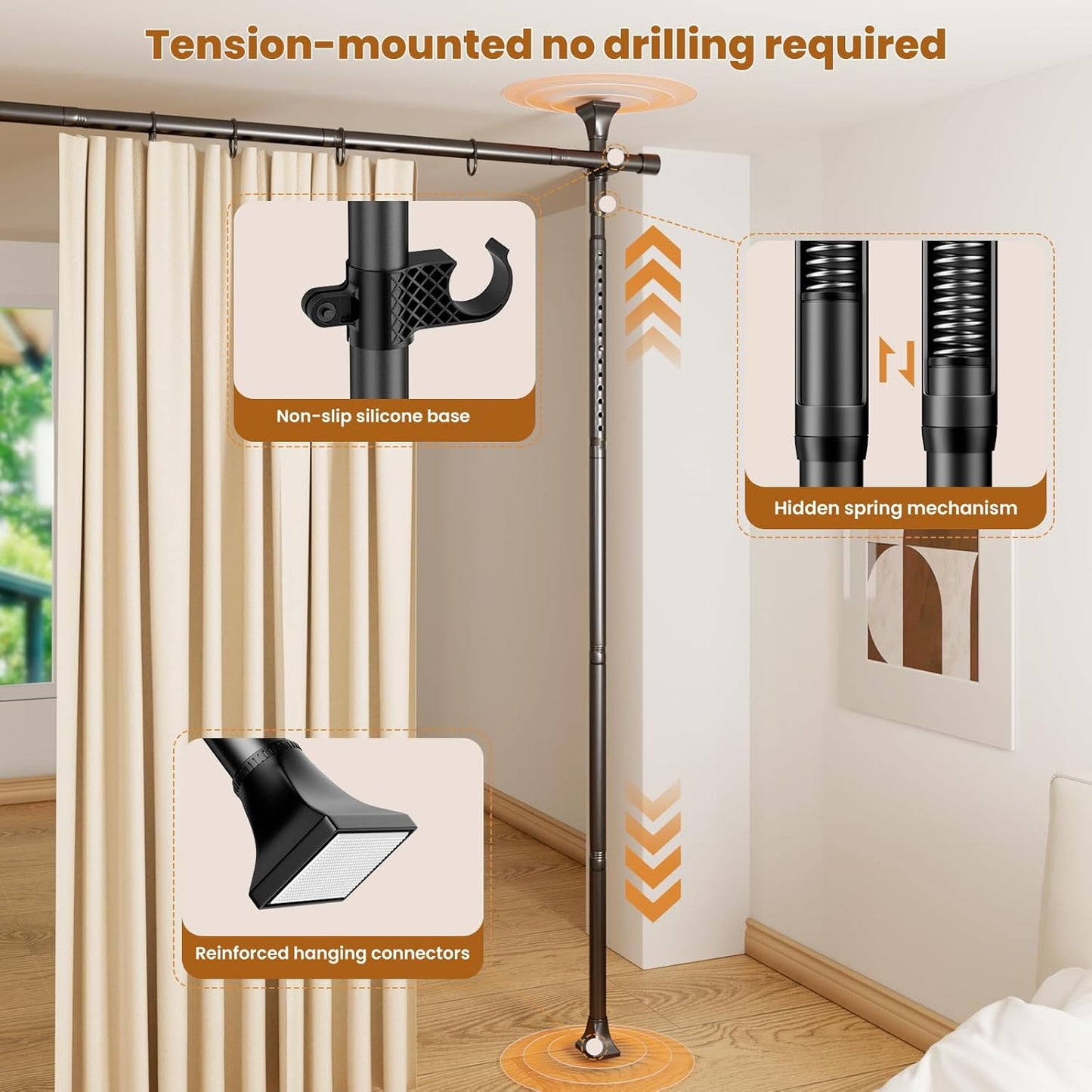 Room Divider Curtain Rods No Drilling, Adjustable 4-10Ft(H) Wall Divider for Room Separation, Temporary Privacy Tension Curtain Rods, Freestanding Space Room Separator, Black