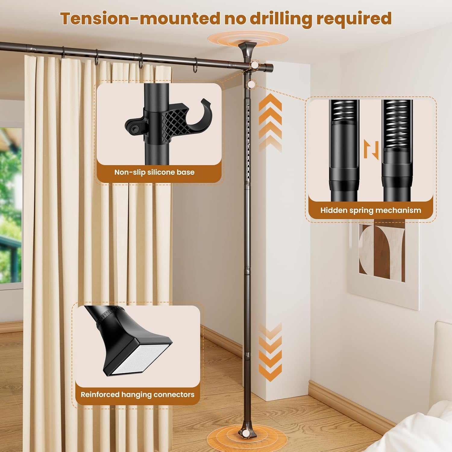 Room Divider Curtain Rods No Drilling, Adjustable 4-10Ft(H) Wall Divider for Room Separation, Temporary Privacy Tension Curtain Rods, Freestanding Space Room Separator, Black