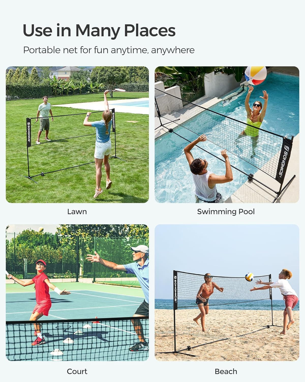 Badminton Net, Height Adjustable Volleyball Net, Pickleball Net for Junior Tennis, Kids, Indoor Outdoor Court, Foldable Nylon Net with Poles 10Ft/13Ft/16.5Ft Wide