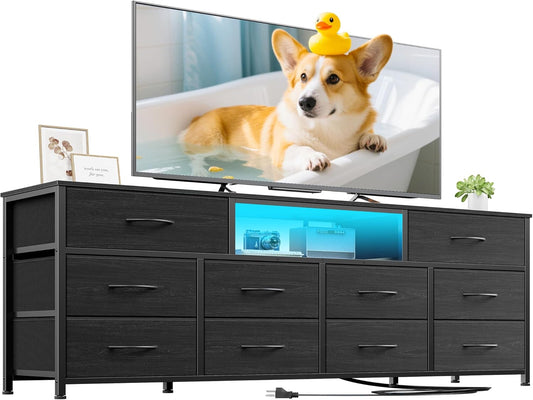 63” Long Dresser for Bedroom, TV Stand for 65 to 75 Inch TV, Black Dresser with 10 Fabric Drawers, Chest of Drawer for Closet, Entertainment Center with Power Outlet & LED Light