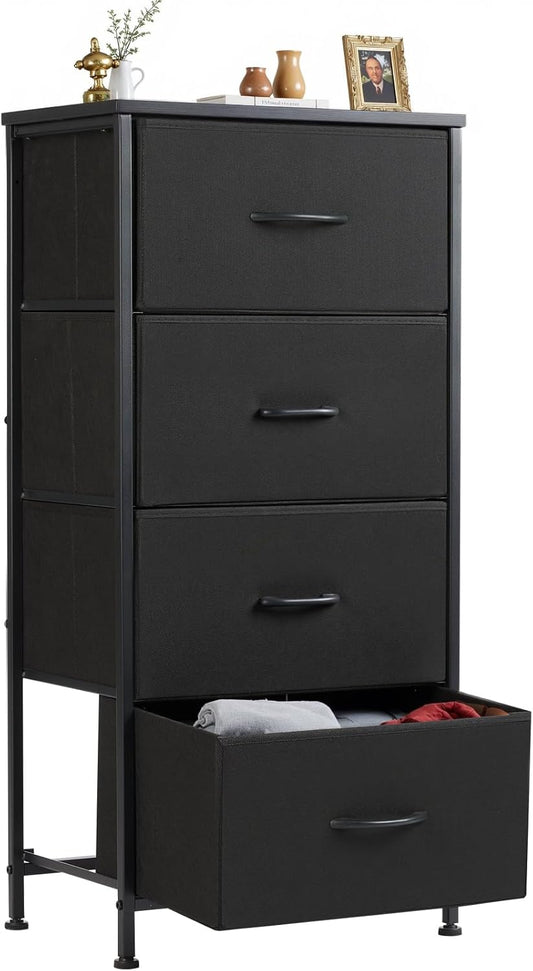 Nightstand Small Bedroom Dresser with 4 Fabric Drawers, Bed Side Furniture End Table, Wooden Top Cabinet Night Stand Dresser for Closet, Entryway, Dorm, Black