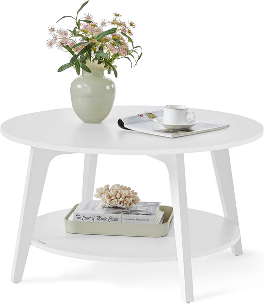 round Coffee Table, 2 Tier Coffee Table with Storage, for Living Room, 31.5 X 17.7 Inches, Easy to Assemble, Snow White ULCT243W14