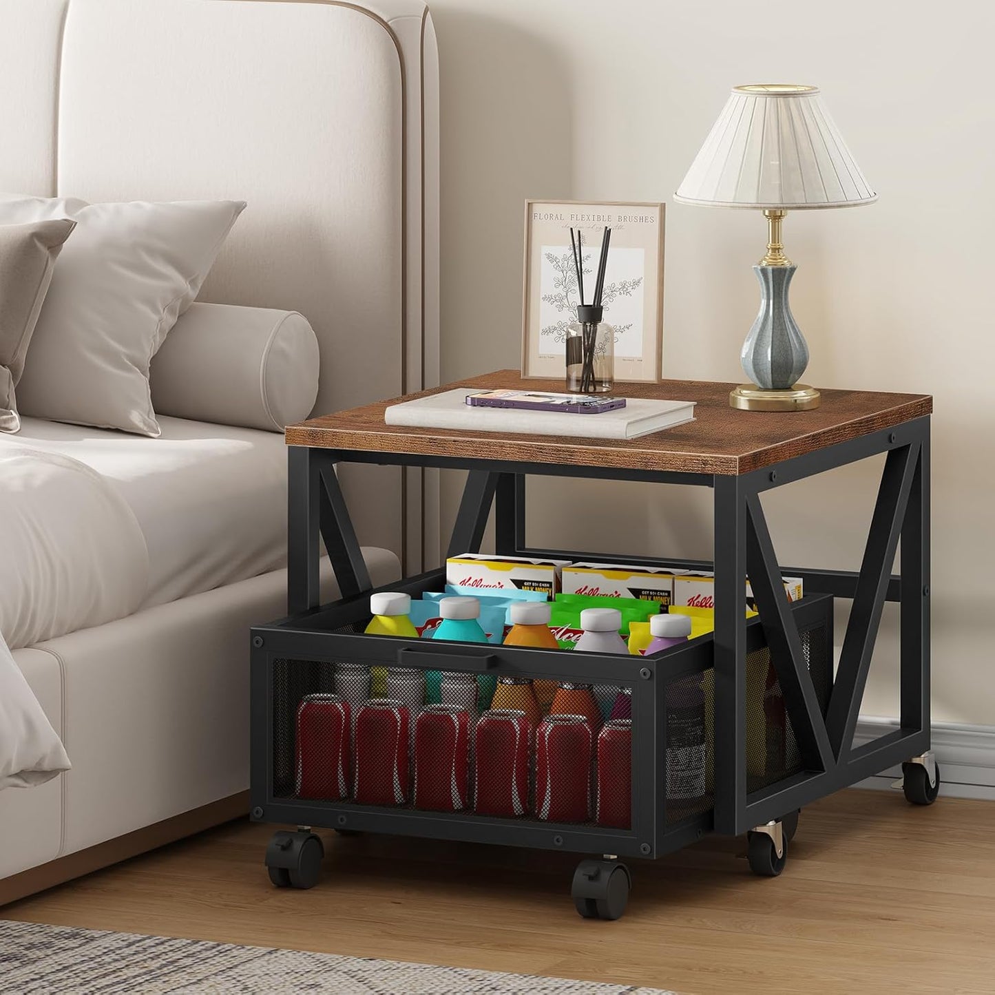 Mini Fridge Stand with Movable Storage Basket and Wheels, Mini Fridge Cabinet with Wheels, Sturdy Metal Frame, for Home, Office, Dorm, Rustic Brown and Black BF255TL01