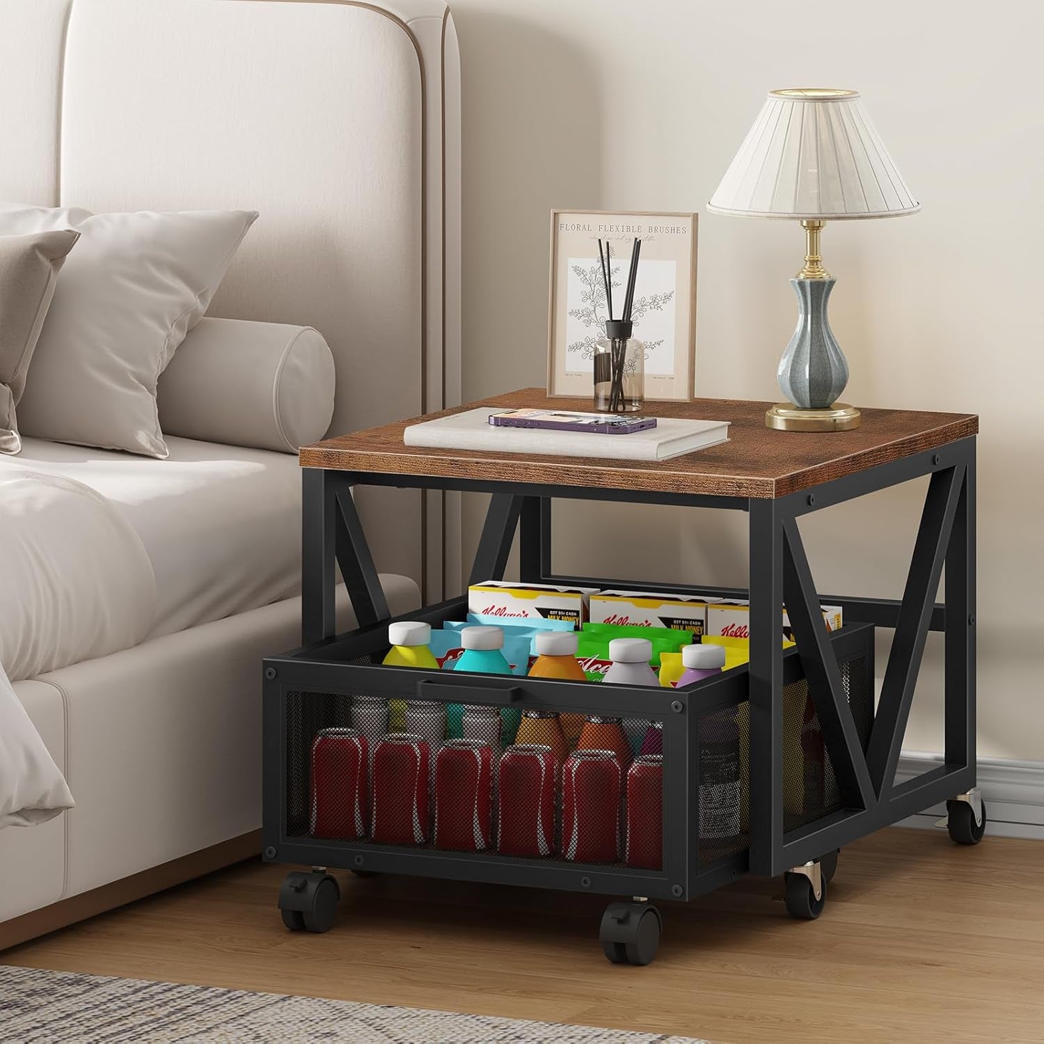 Mini Fridge Stand with Movable Storage Basket and Wheels, Mini Fridge Cabinet with Wheels, Sturdy Metal Frame, for Home, Office, Dorm, Rustic Brown and Black BF255TL01