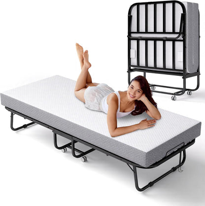 Folding Bed with Memory Foam Mattress, Portable Rollaway Guest Beds on Wheels, 75"X31" Twin Size Space-Saving Cot-Size Bed for Adults with Easy Assembly Metal Frame (White)