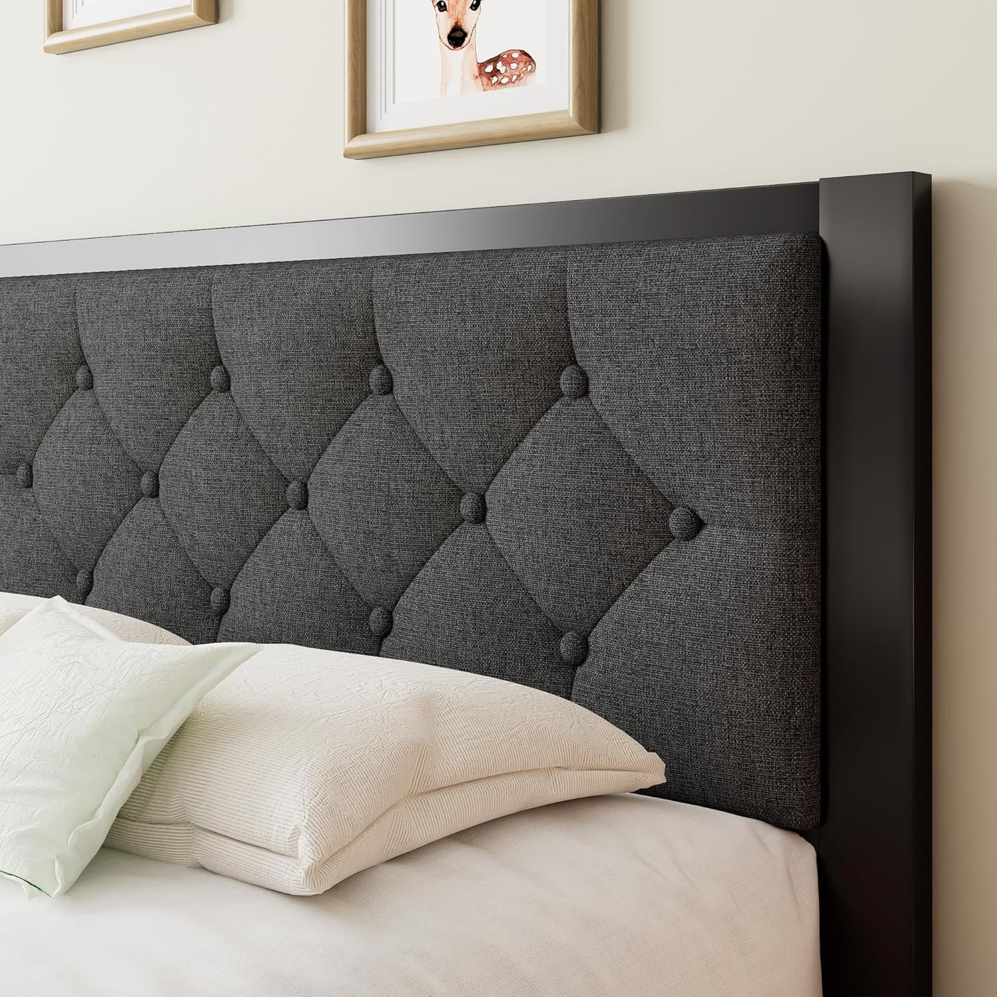 Twin Bed Frame, Platform Metal Bed Frame with Button Tufted Linen Upholstered Headboard, Sturdy Steel Slats, 12" Underbed Storage, No Box Spring Needed, Dark Grey