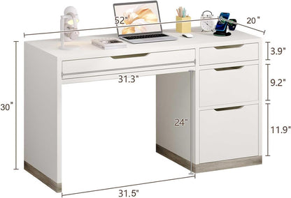 52 Inch White Desk with 4 Drawers, Computer Desk with Storage for Small Spaces with Storage File Cabinet, Small Home Office Desk with Drawers for Bedroom