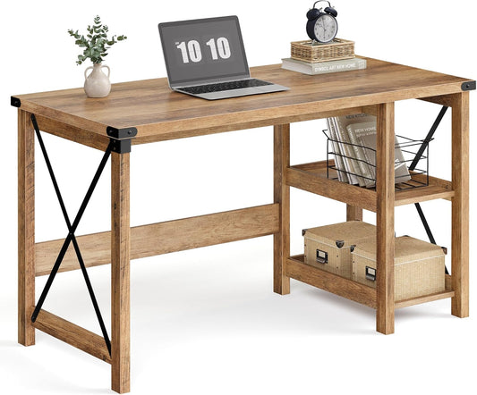 Computer Desk, Home Office Desk with Storage Shelves on Right or Left, Farmhouse, for Work Study Gaming Writing, 23.6 X 47.2 X 29.5 Inches, Honey Brown ULWDAM090T41