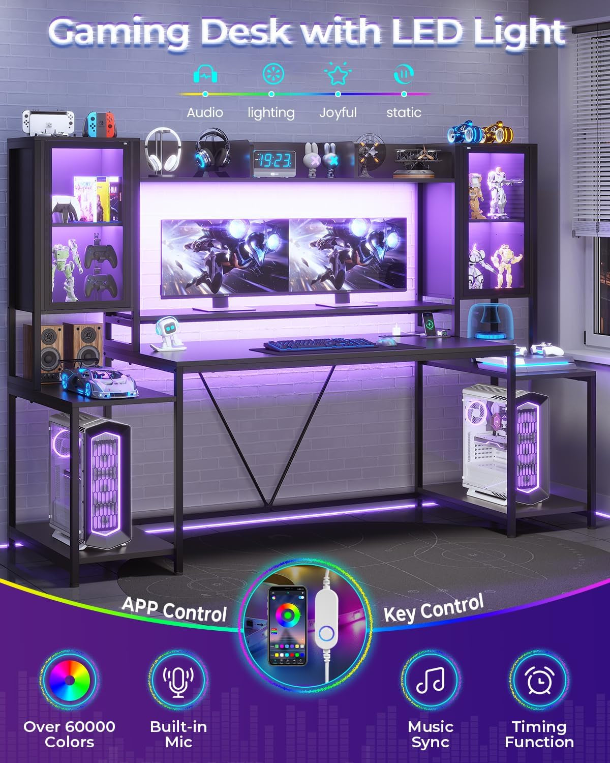 Gaming Desk 74.8'' with LED Lights, Hutch and Storage Shelves, Computer Desk with Monitor Stand, Large PC Gamer Desk Workstation, Ergonomic Gaming Table for Bedroom, Living Room, White