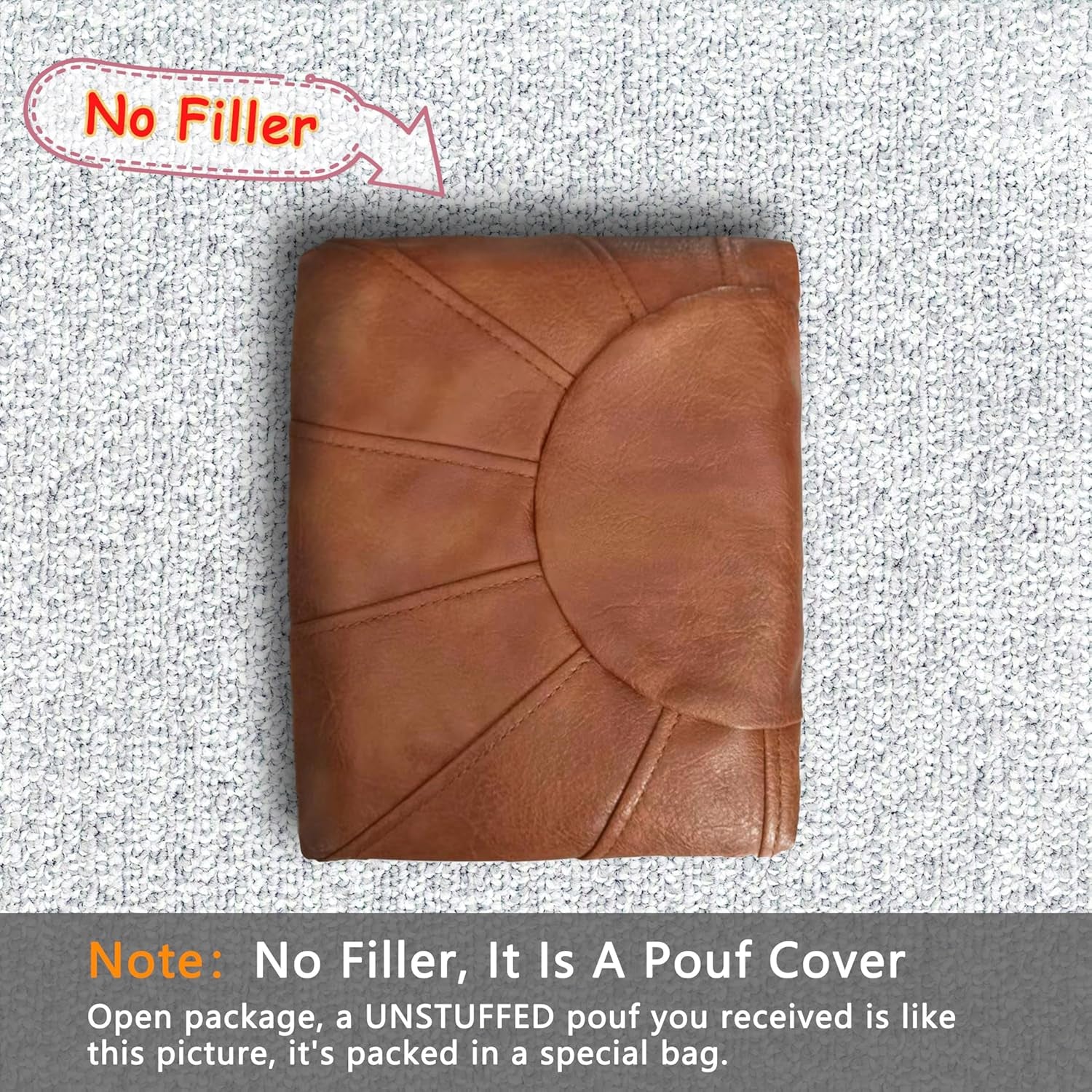 Unstuffed Moroccan Storage Pouf Foot Stool Ottoman Seat Handmade Faux Leather Bean Bag Floor Chair Foot Rest for Living Room, Bedroom or Balcony (Light Brown)