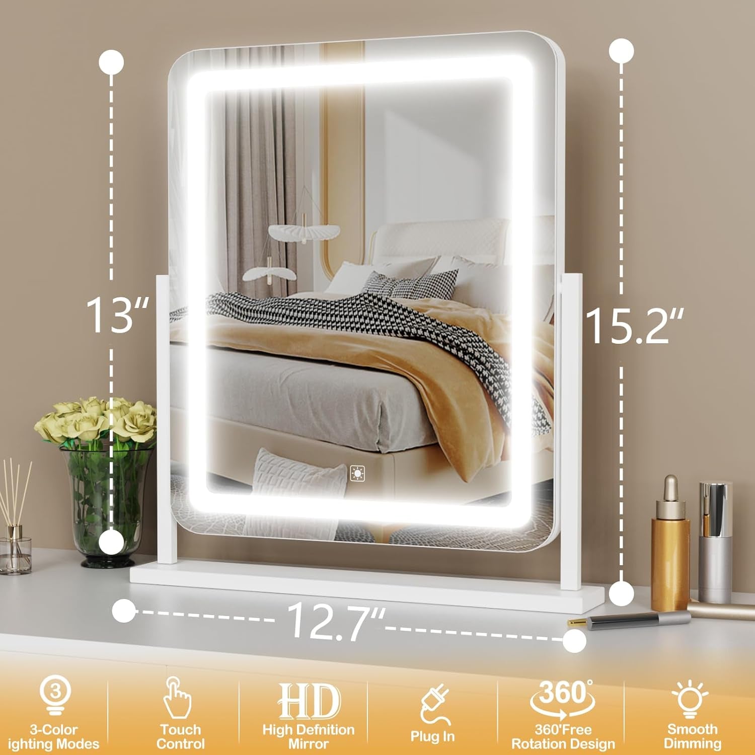 Makeup Vanity Mirror with Lights 15.2" Large LED Lighted Mirror, Hollywood Make up Mirror with Lighting for Bedroom Tabletop, Smart Touch,Detachable 10X Magnification 360° Rotation, (White)