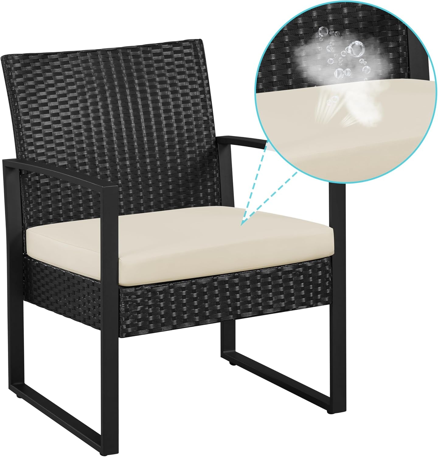 3 Pieces Rattan Bistro Set, Outdoor Wicker Patio Modern Conversation Furniture, 2 Chairs & Tempered Glass Coffee Table for Garden, Balcony, Backyard, Poolside, Black/Beige