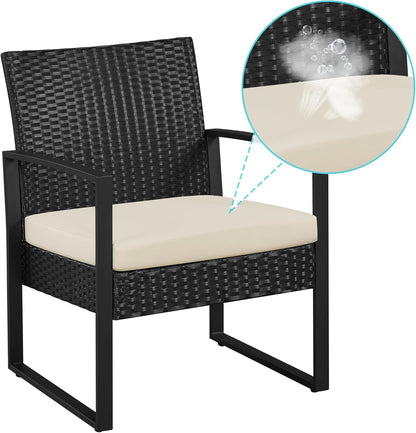 3 Pieces Rattan Bistro Set, Outdoor Wicker Patio Modern Conversation Furniture, 2 Chairs & Tempered Glass Coffee Table for Garden, Balcony, Backyard, Poolside, Black/Beige