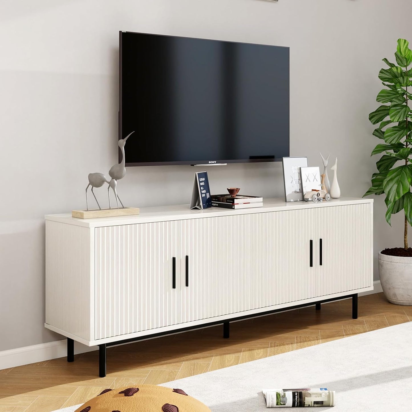 70" Modern TV Stand for Televisions up to 80 Inch, Entertainment Center with Storage, Cabinet with Fluted Door and Adjustable Shelf, Console Table and Media Furniture for Living Room, White