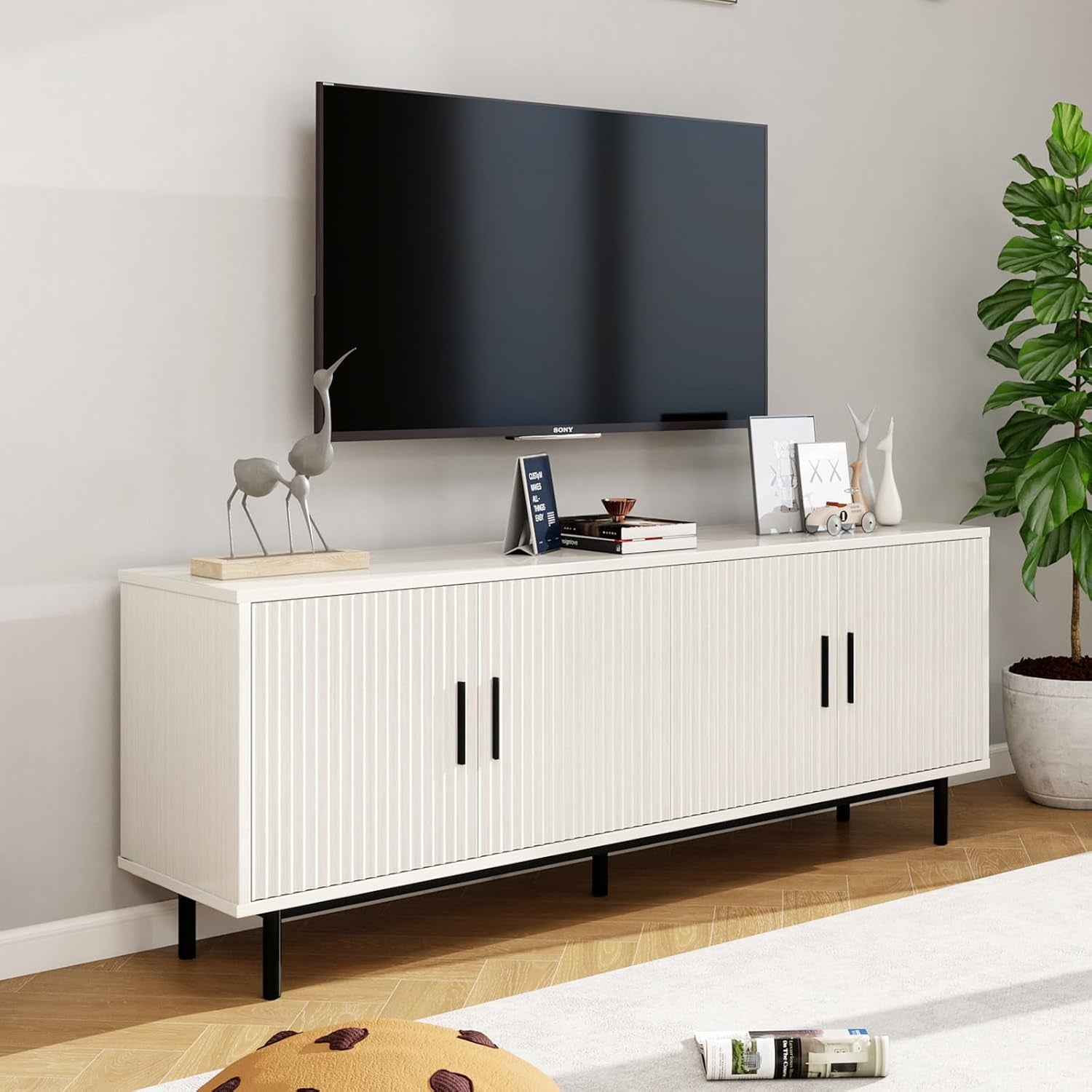 70" Modern TV Stand for Televisions up to 80 Inch, Entertainment Center with Storage, Cabinet with Fluted Door and Adjustable Shelf, Console Table and Media Furniture for Living Room, White