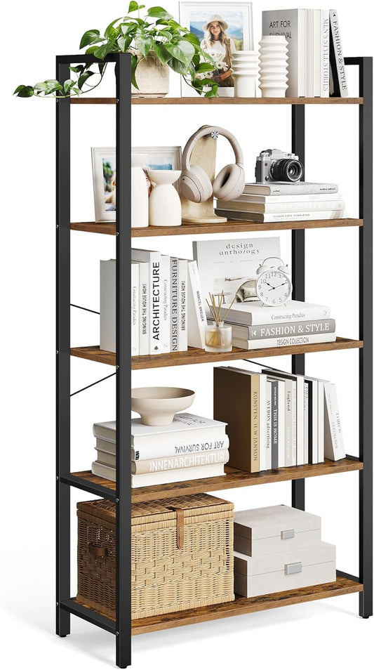 5-Tier Bookshelf, Bookcase with Steel Frame, Book Shelf for Living Room, Home Office, Study, 11.8 X 31.5 X 60.2 Inches, Industrial Style, Rustic Brown and Ink Black ULLS081B01