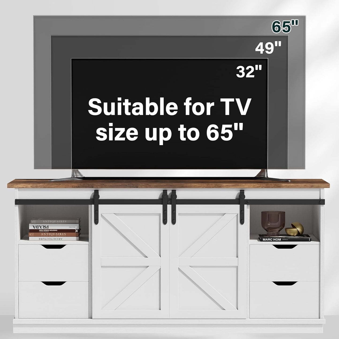 TV Stand with 4 Drawers for 65 Inch TV, Entertainment Center with Storage Cabinets and Sliding Barn Doors, Mid Century Modern Media TV Console Table for Living Room Bedroom (Bright White)