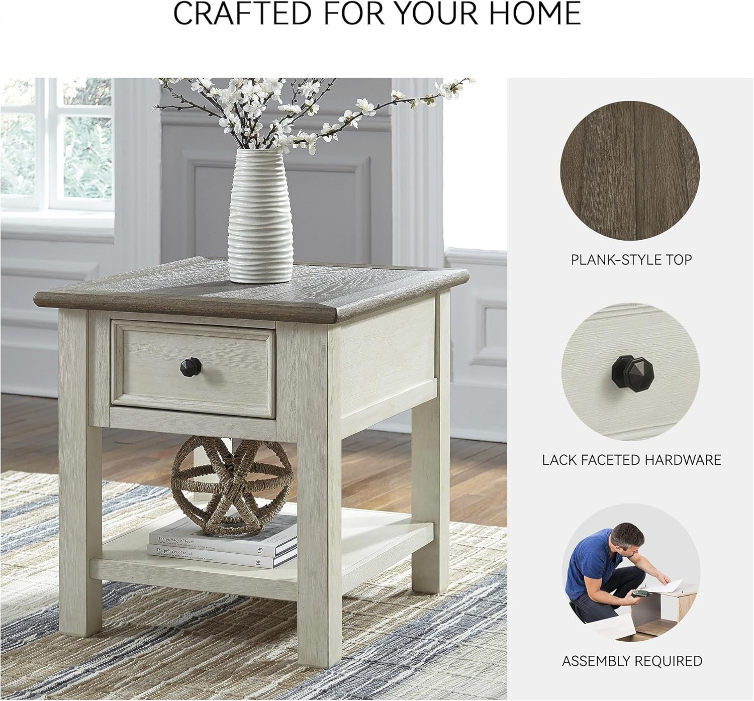 Signature Design by Ashley Bolanburg End Table for Living Room, Two-Tone Distressed Wood Side Table with Smooth-Gliding Drawer, Farmhouse Plank-Style Top, Ideal Night Stand Use, Antique White/Oak