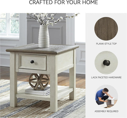 Signature Design by Ashley Bolanburg End Table for Living Room, Two-Tone Distressed Wood Side Table with Smooth-Gliding Drawer, Farmhouse Plank-Style Top, Ideal Night Stand Use, Antique White/Oak