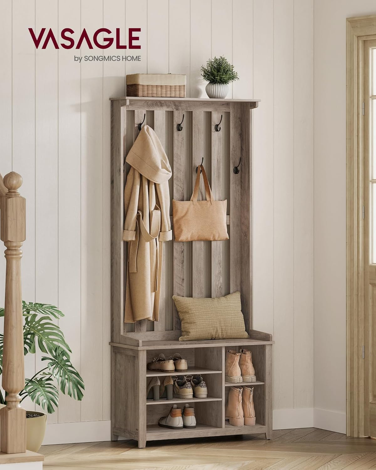 Hall Tree with Bench and Shoe Storage, Coat Rack with Shoe Bench, 7 Double Hooks for Jackets, Hats, Entryway, Bedroom, Living Room, 13.8 X 31.9 X 70.9 Inches, Rustic White UHSR414W01