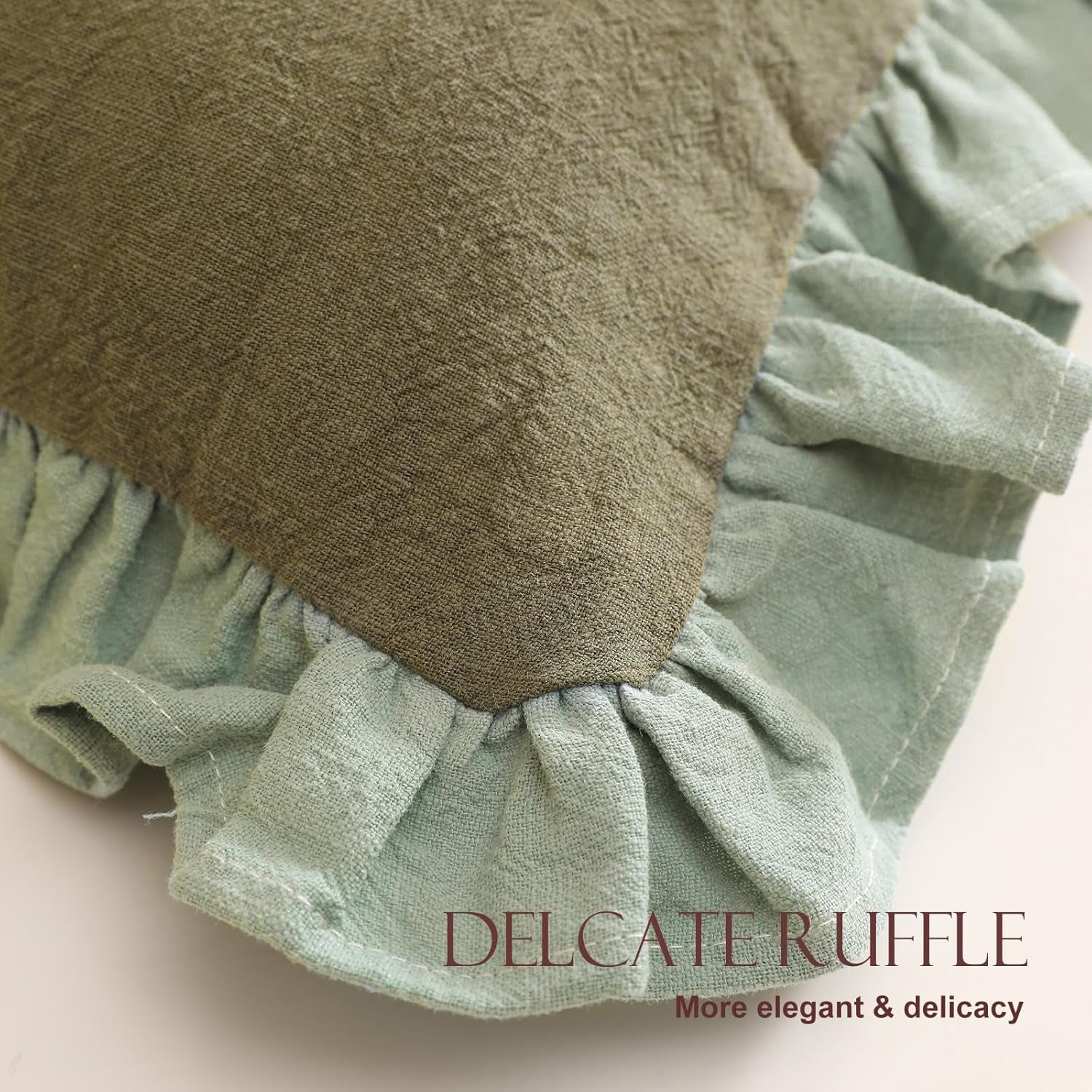 Green Shabby Chic Decorative Throw Pillow Covers 18X18 Set of 2,Farmhouse Linen Pillow Covers with Ruffles,Square Sturdy Throw Pillow Case for Couch Sofa Bed Living Room