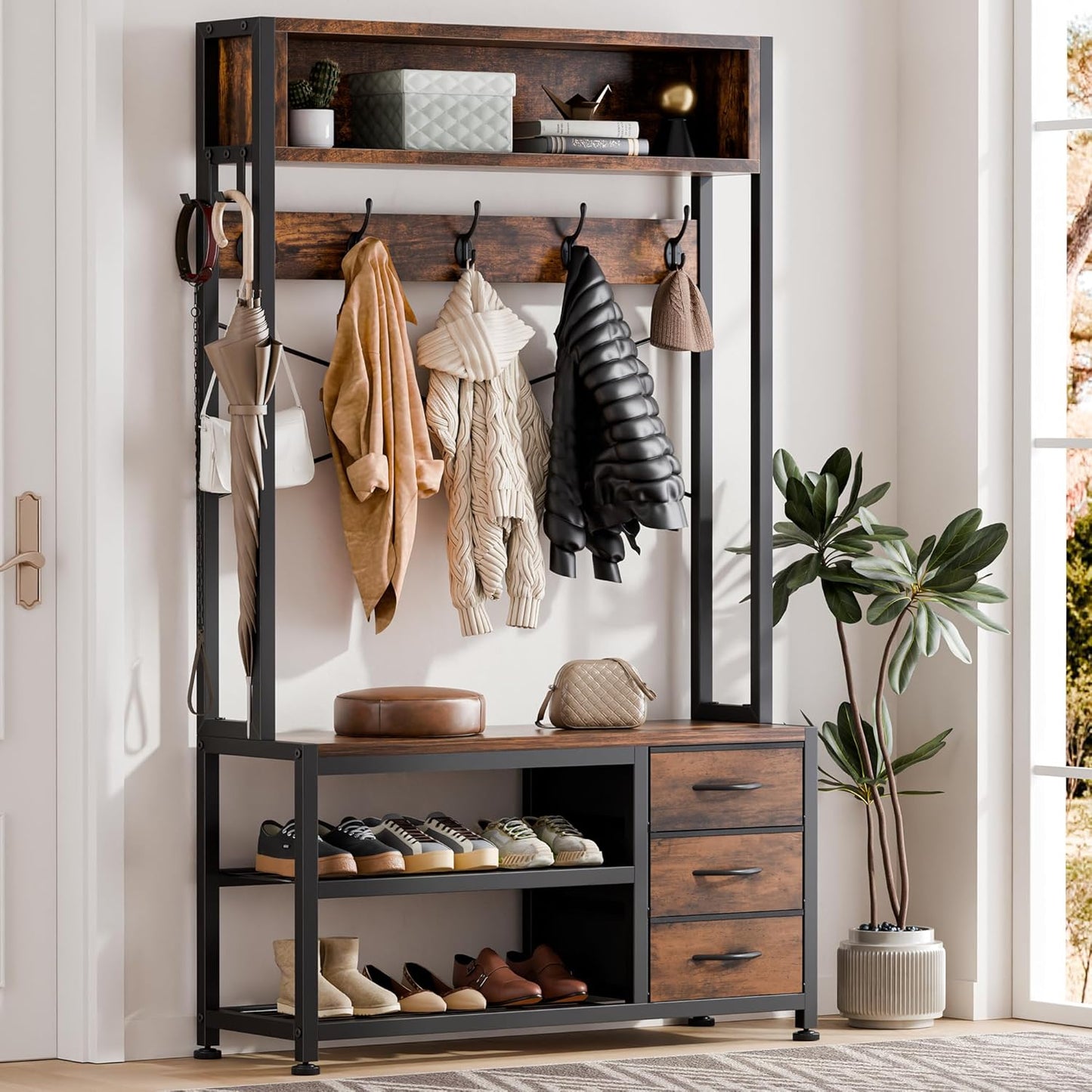 Hall Tree with Bench and Shoe Storage, 31.5" Coat Rack Freestanding with 2-Tier Storage Shelf, 6-In-1 Entryway Bench Coat Rack with 12 Hooks and 3 Drawers(Rustic Brown)