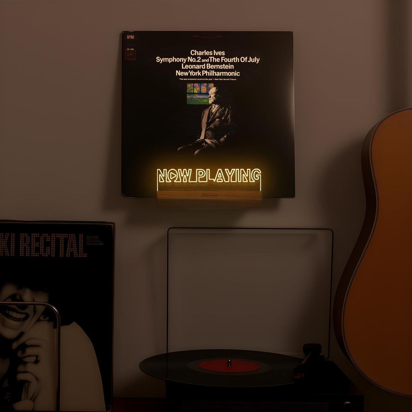 Light up Now Playing Vinyl Record Stand Wall Mount, Record Holder Wall with Adjustable Warm White Light, Wooden Acrylic Holder for Vinyl Album Display and Storage, Gifts for Music Lovers